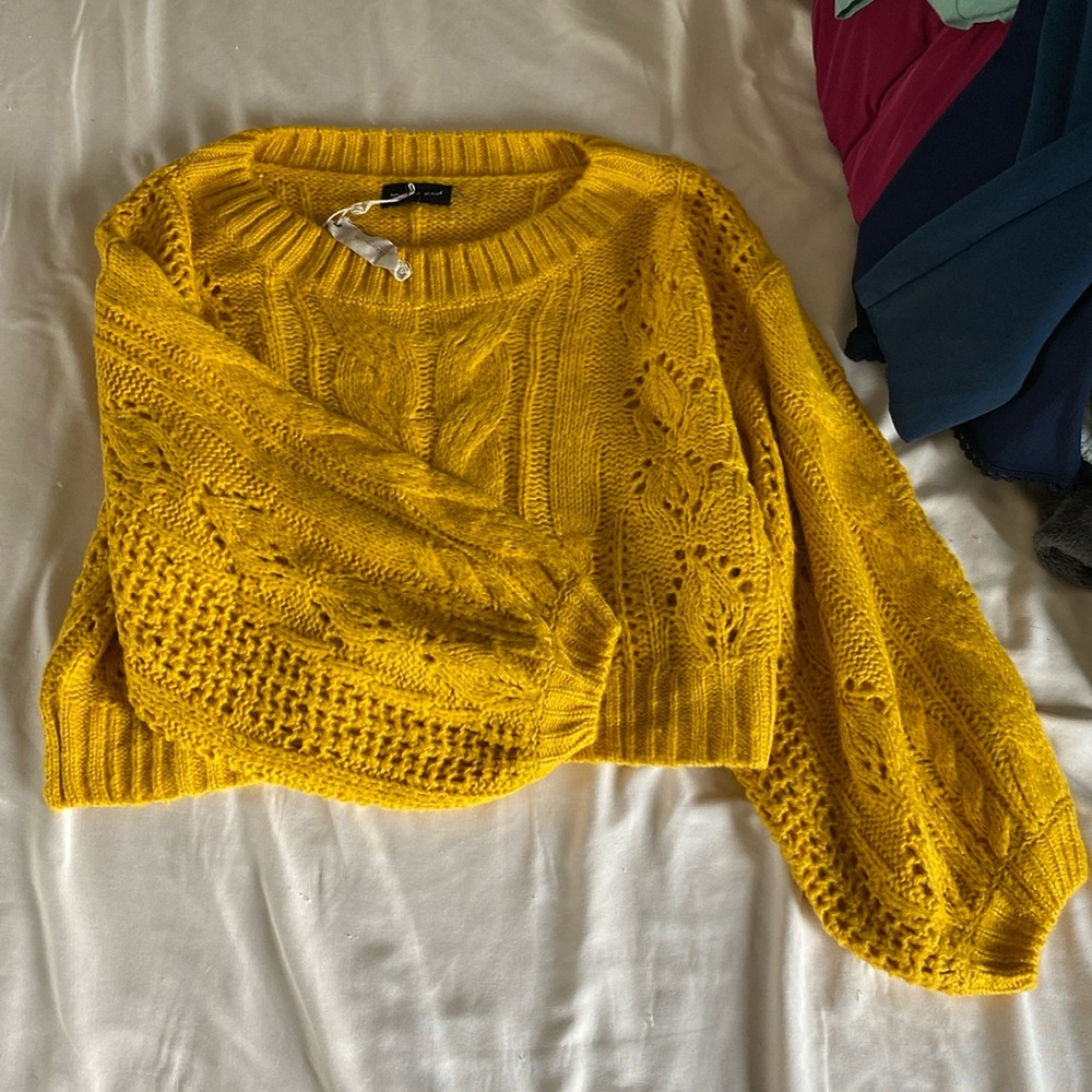 Cute cropped sweater with puffed out sleeves.